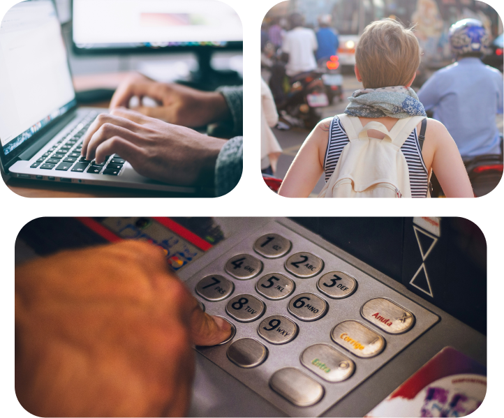 a photo collection of a laptop, atm and people in a crowd